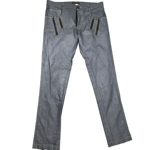 Andrew Christian Pants Jeans Mens 34 Silver Gray Coated Neon Green Stitch Zip